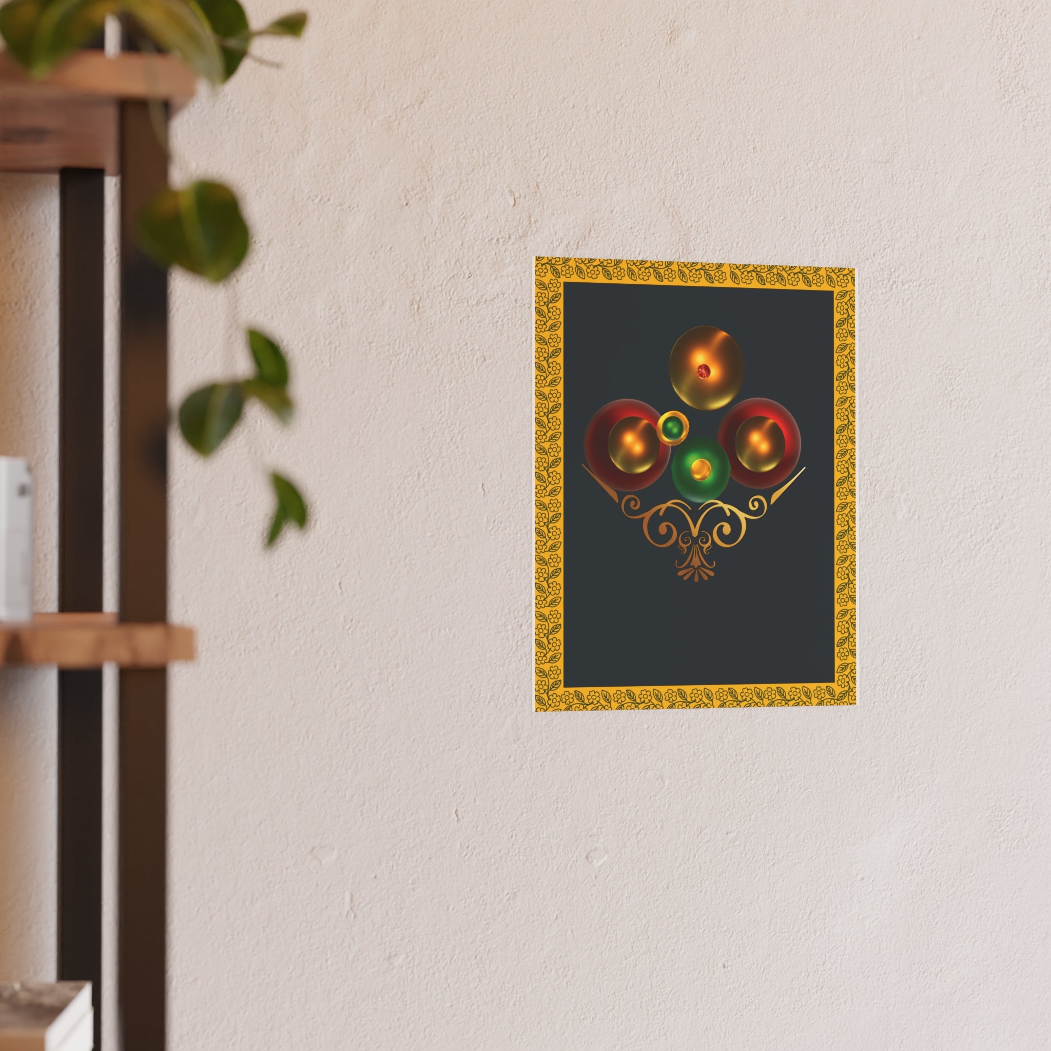 Basket Of Colorful Orbs.  Festive Ornament Art Poster — Gold Frame Holiday Wall Print