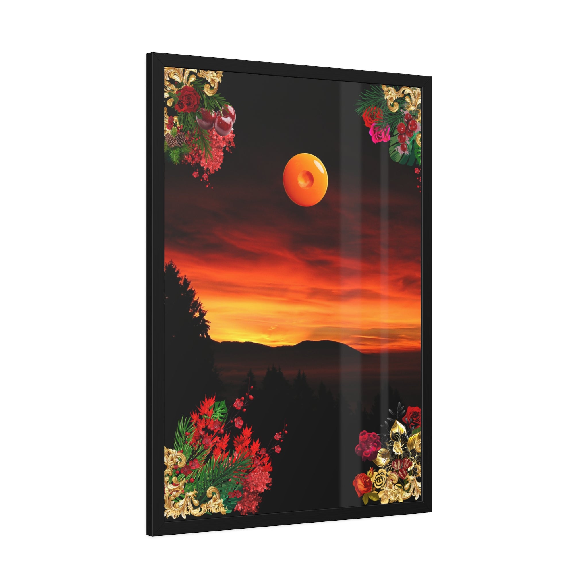 Sunset Mountain Landscape Poster | Framed Botanical Border