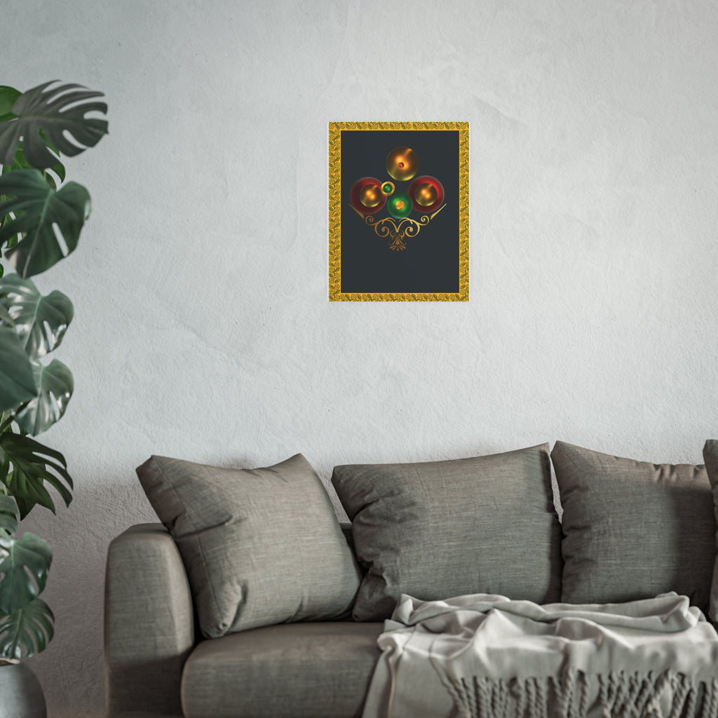 Basket Of Colorful Orbs.  Festive Ornament Art Poster — Gold Frame Holiday Wall Print