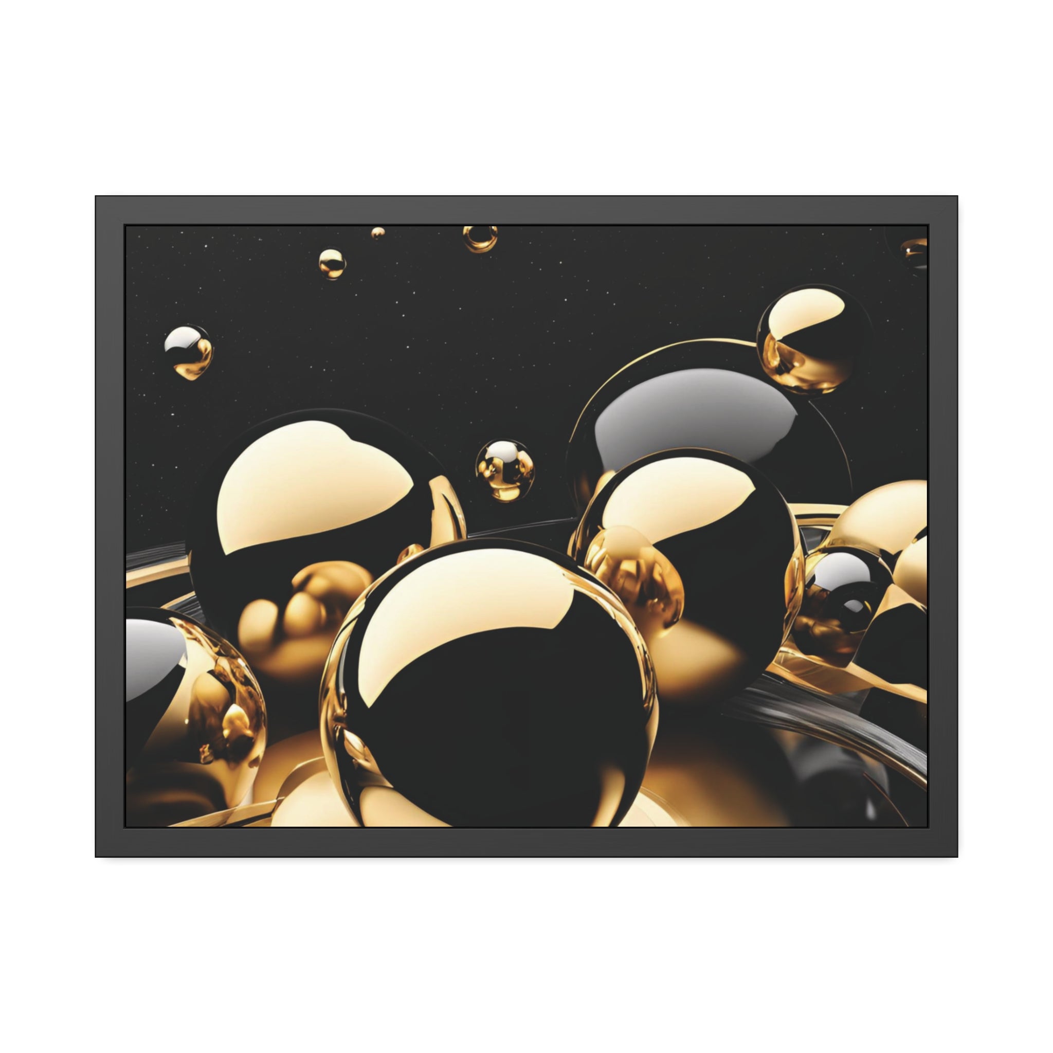 Gold Black Spheres Framed Poster | Abstract Metallic Wall Art