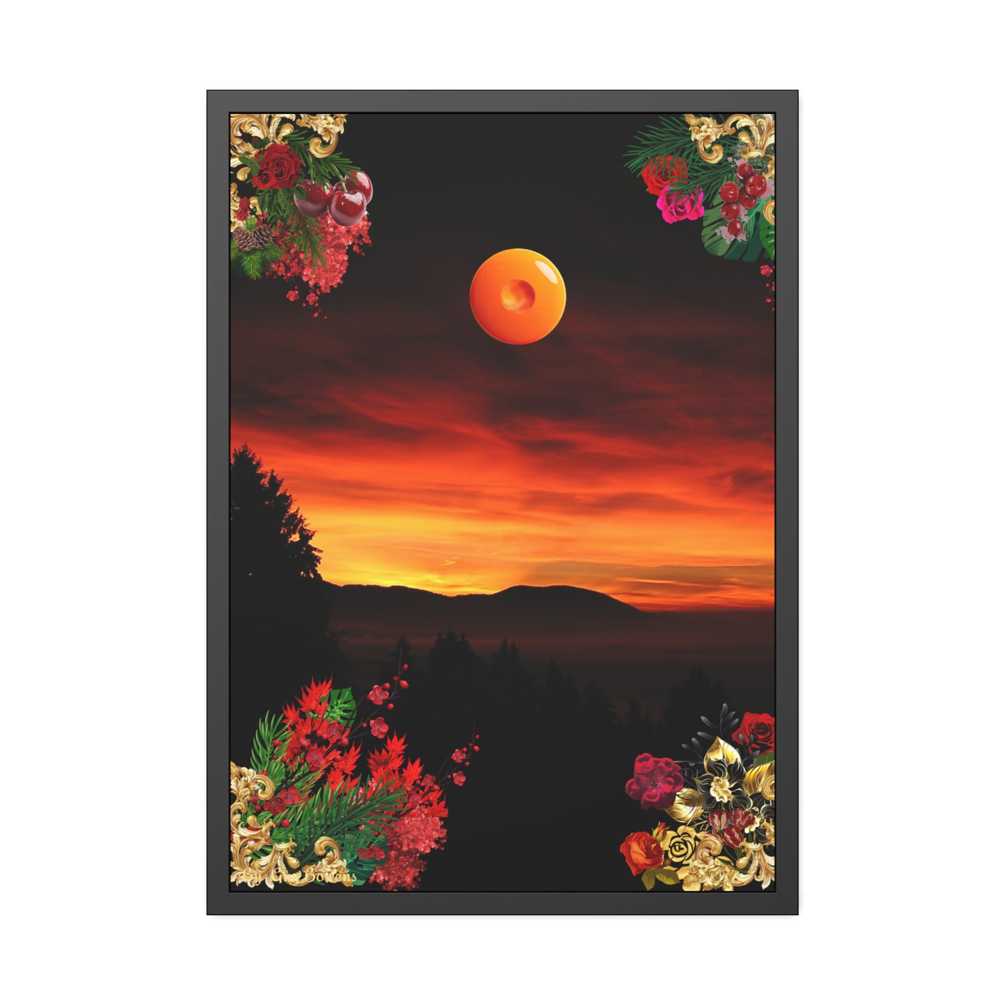 Sunset Mountain Landscape Poster | Framed Botanical Border