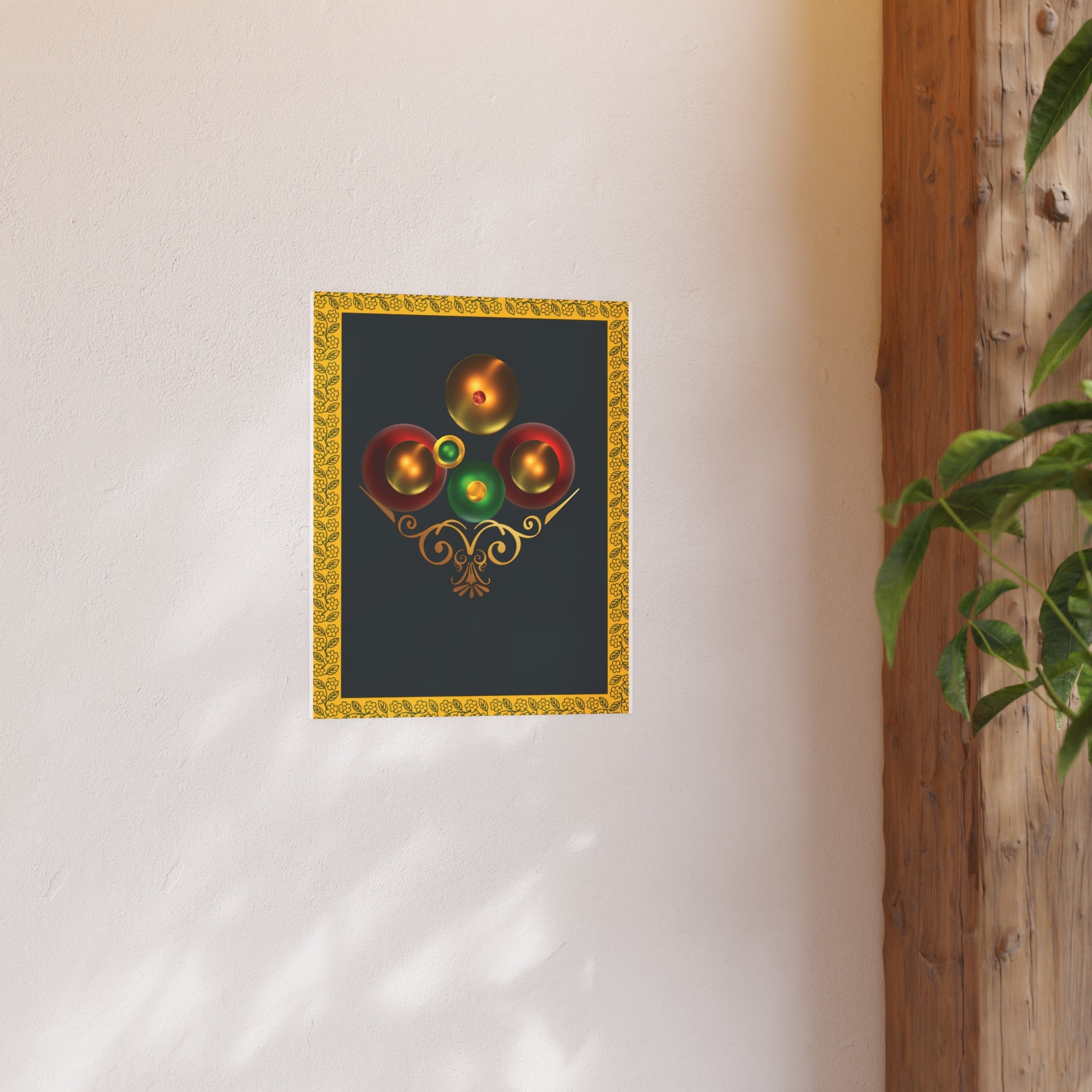 Basket Of Colorful Orbs.  Festive Ornament Art Poster — Gold Frame Holiday Wall Print
