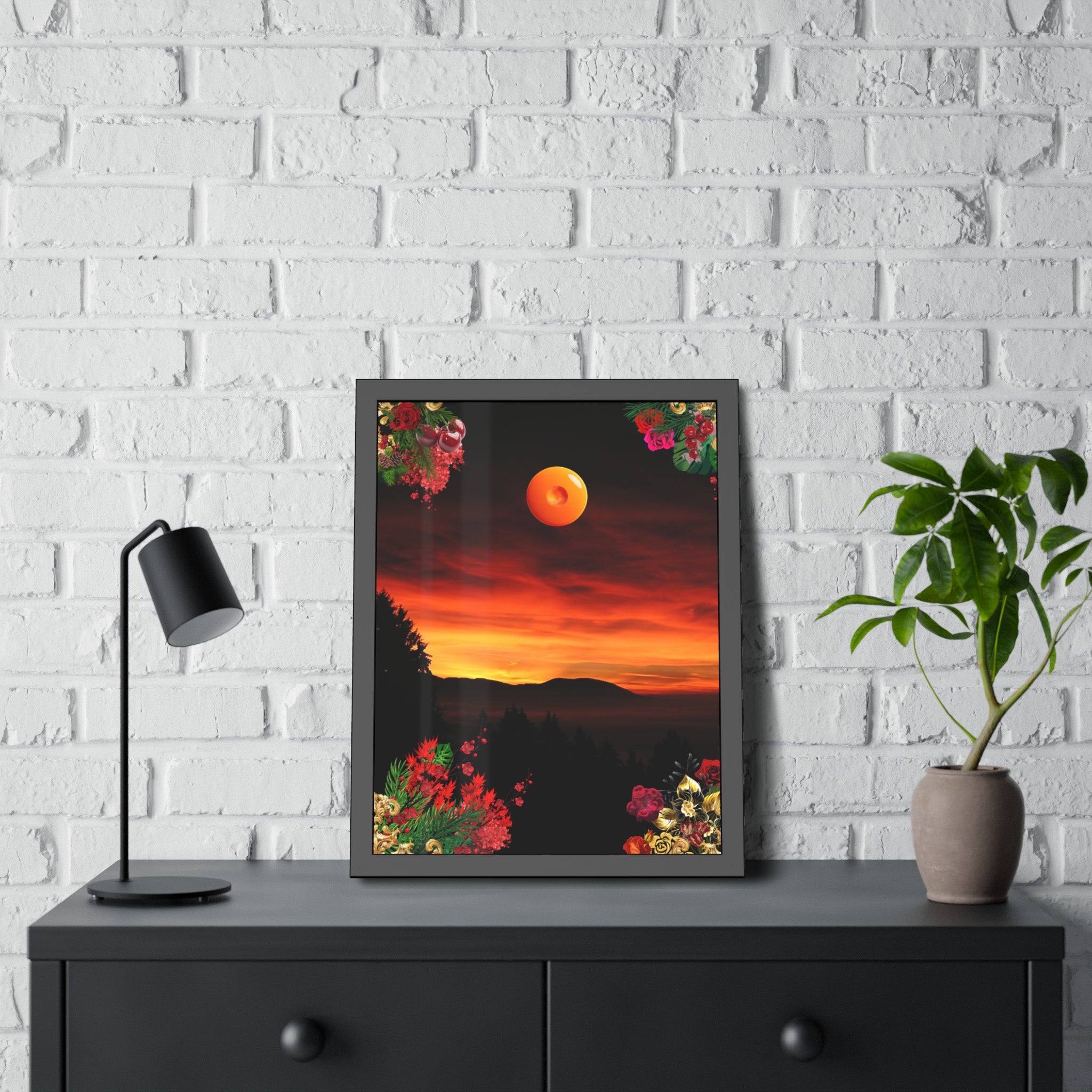 Sunset Mountain Landscape Poster | Framed Botanical Border