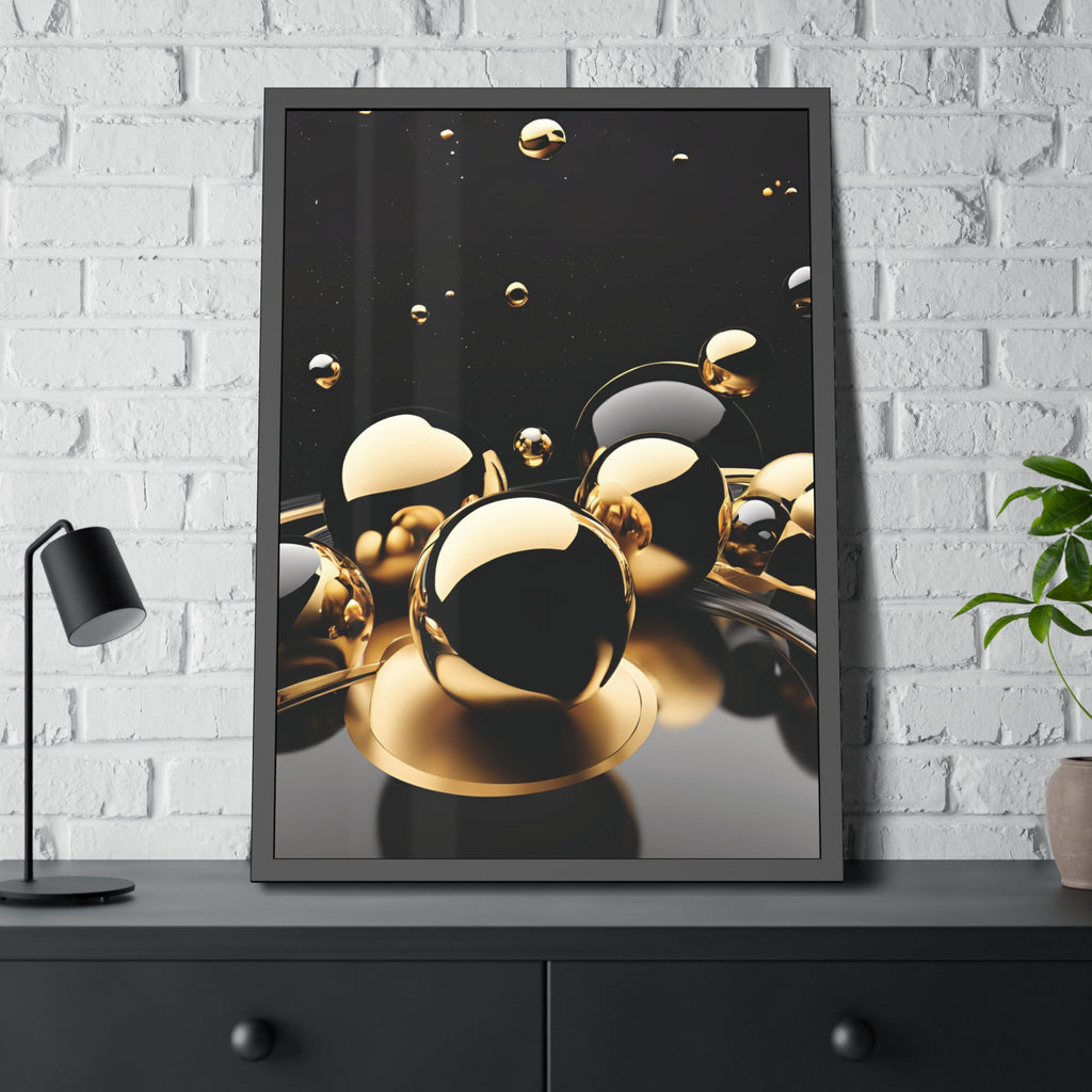 Gold Black Spheres Framed Poster | Abstract Metallic Wall Art
