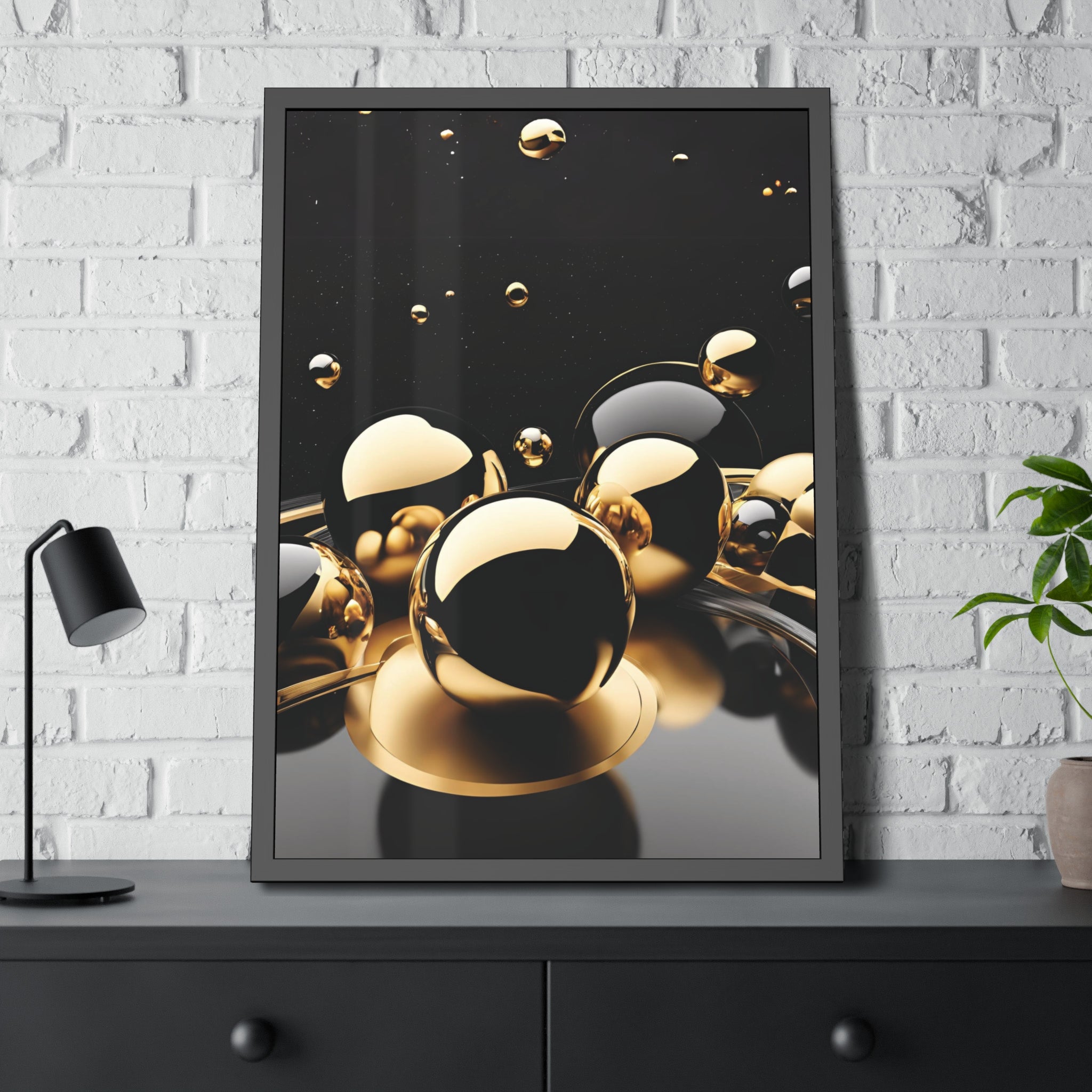 Gold Black Spheres Framed Poster | Abstract Metallic Wall Art