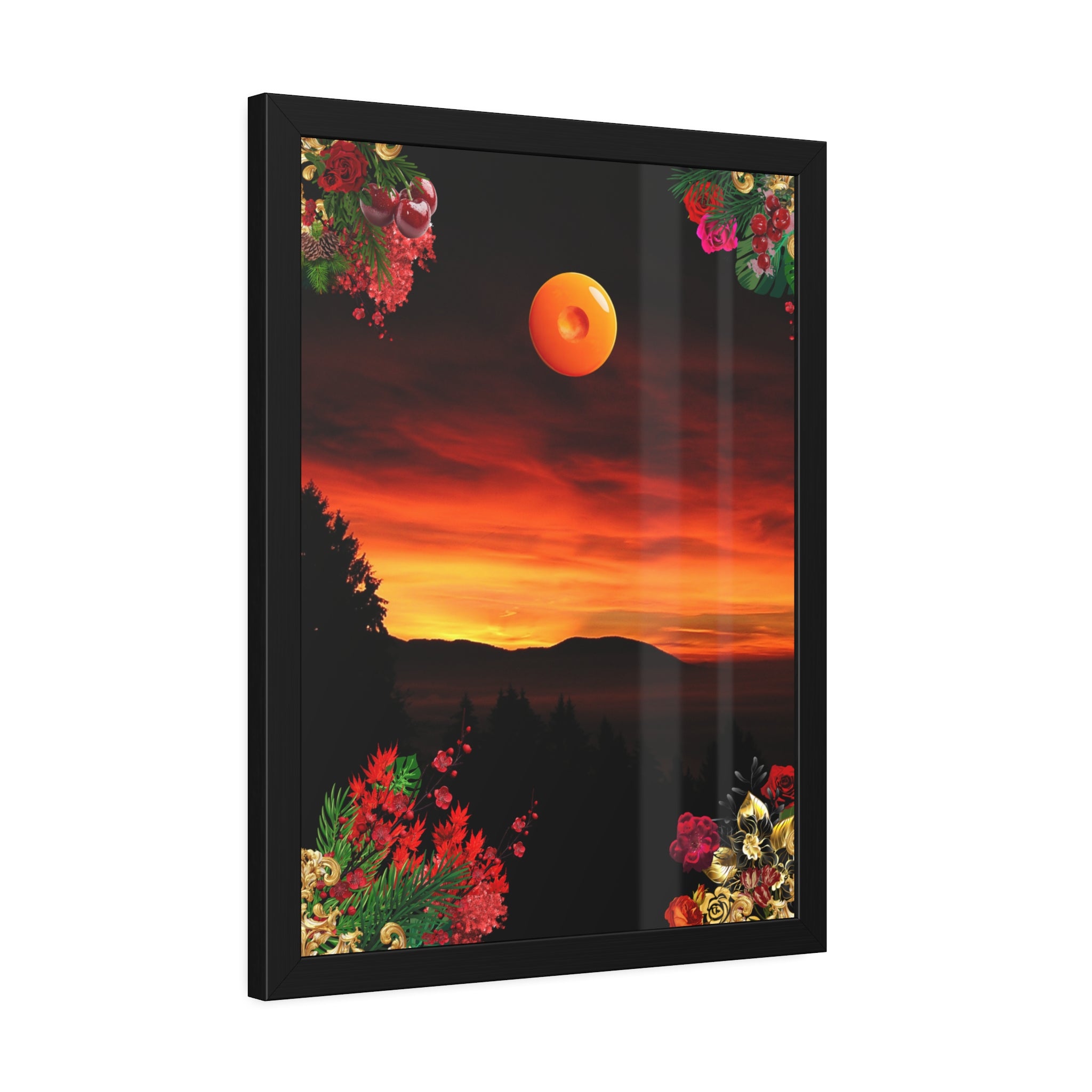 Sunset Mountain Landscape Poster | Framed Botanical Border