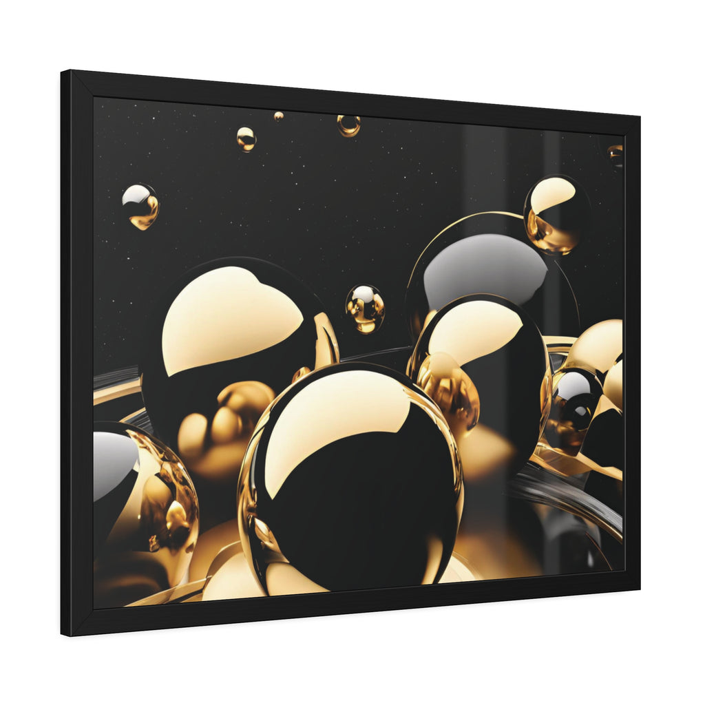 Gold Black Spheres Framed Poster | Abstract Metallic Wall Art