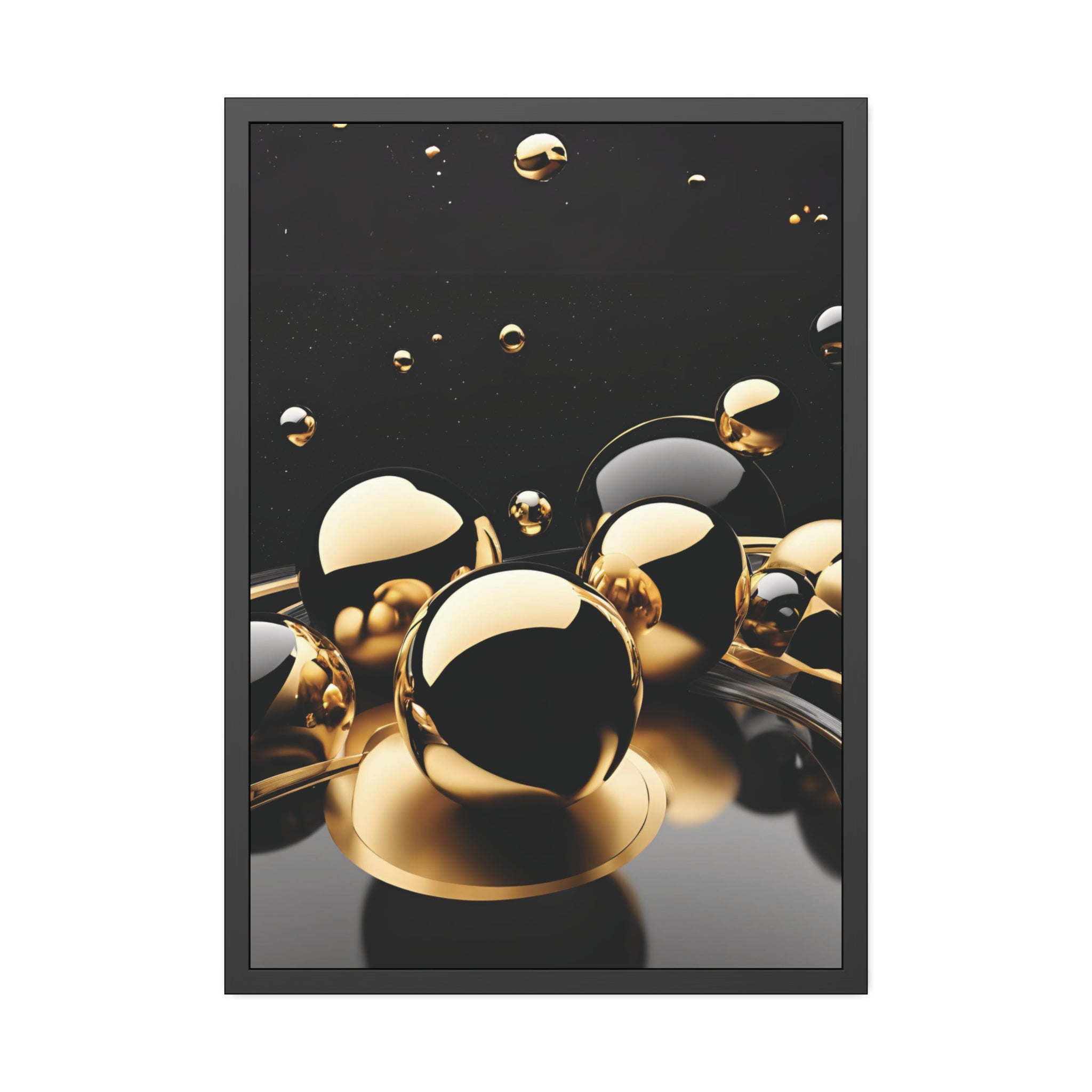 Gold Black Spheres Framed Poster | Abstract Metallic Wall Art