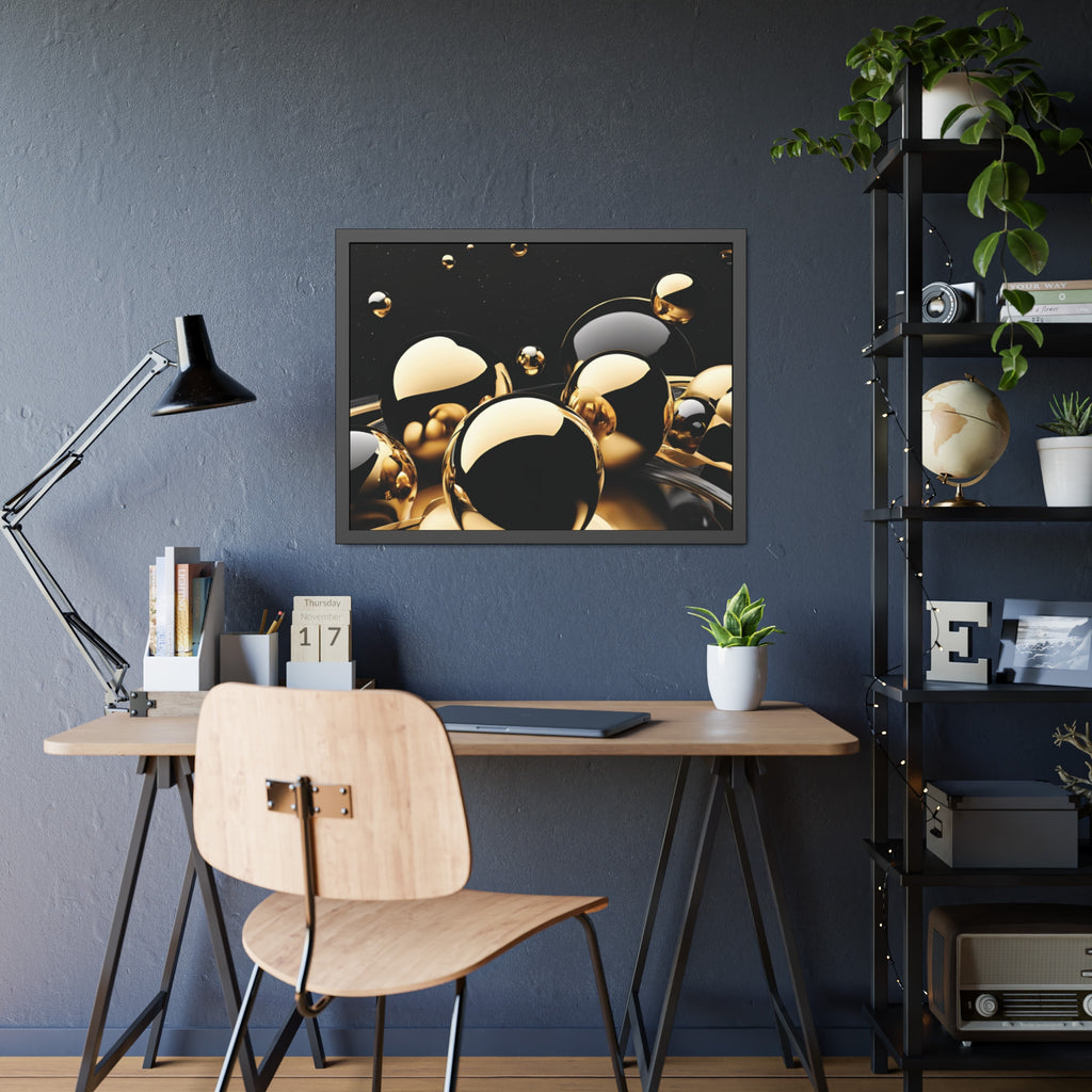 Gold Black Spheres Framed Poster | Abstract Metallic Wall Art