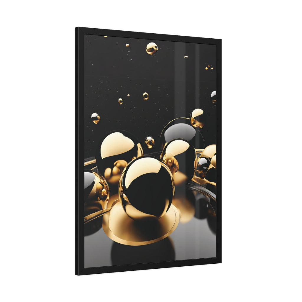 Gold Black Spheres Framed Poster | Abstract Metallic Wall Art