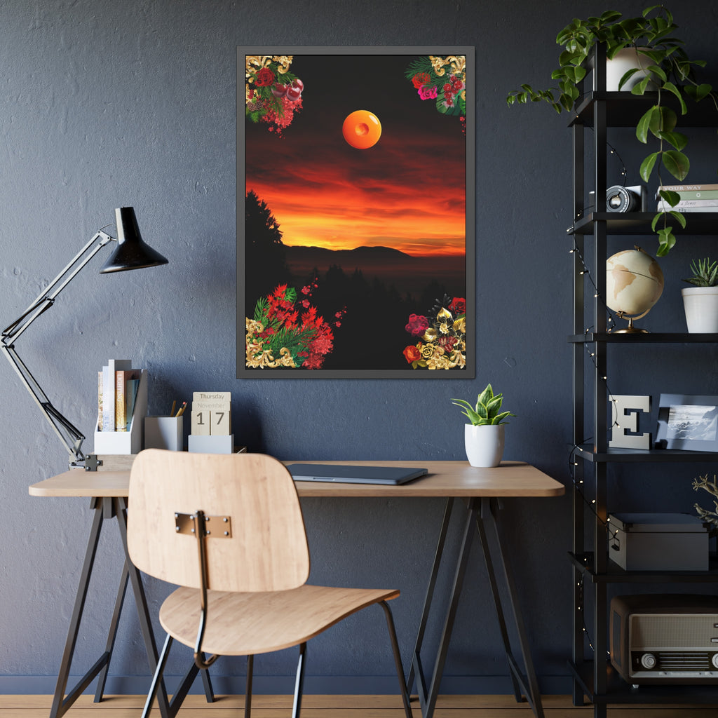 Sunset Mountain Landscape Poster | Framed Botanical Border