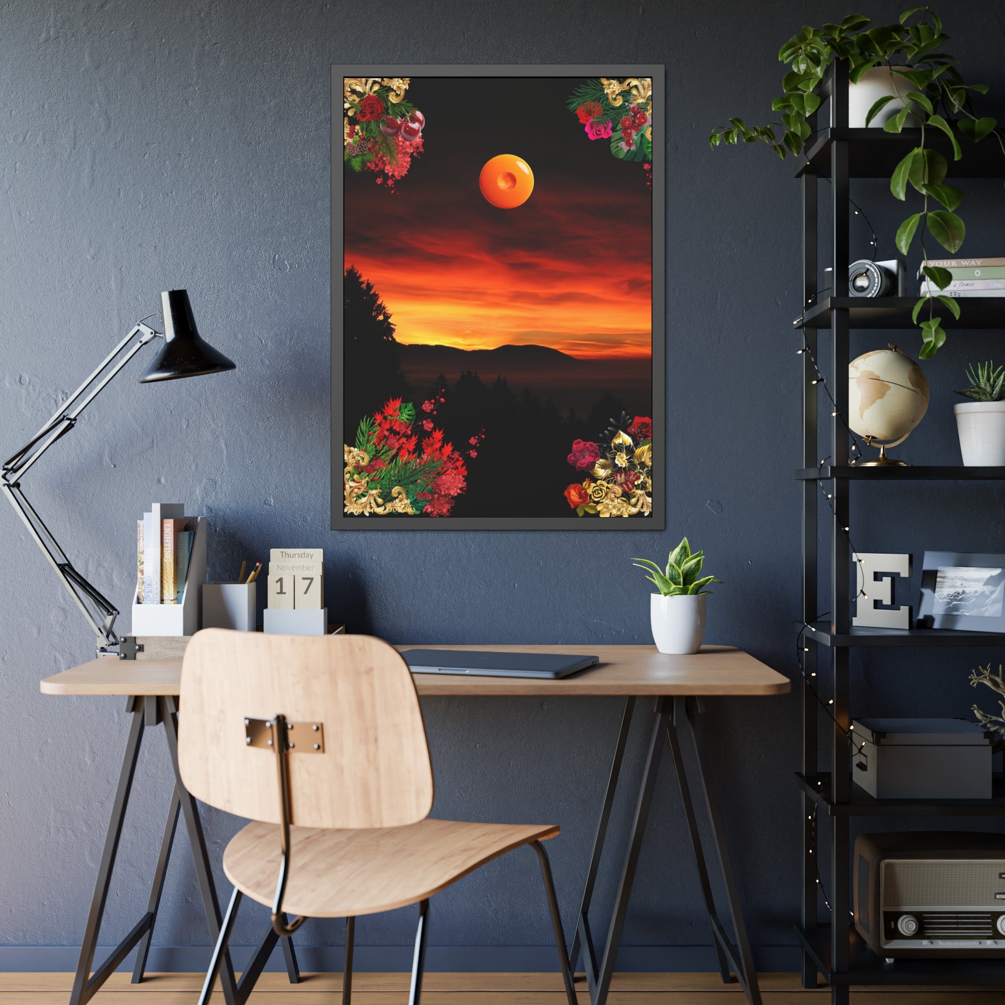 Sunset Mountain Landscape Poster | Framed Botanical Border