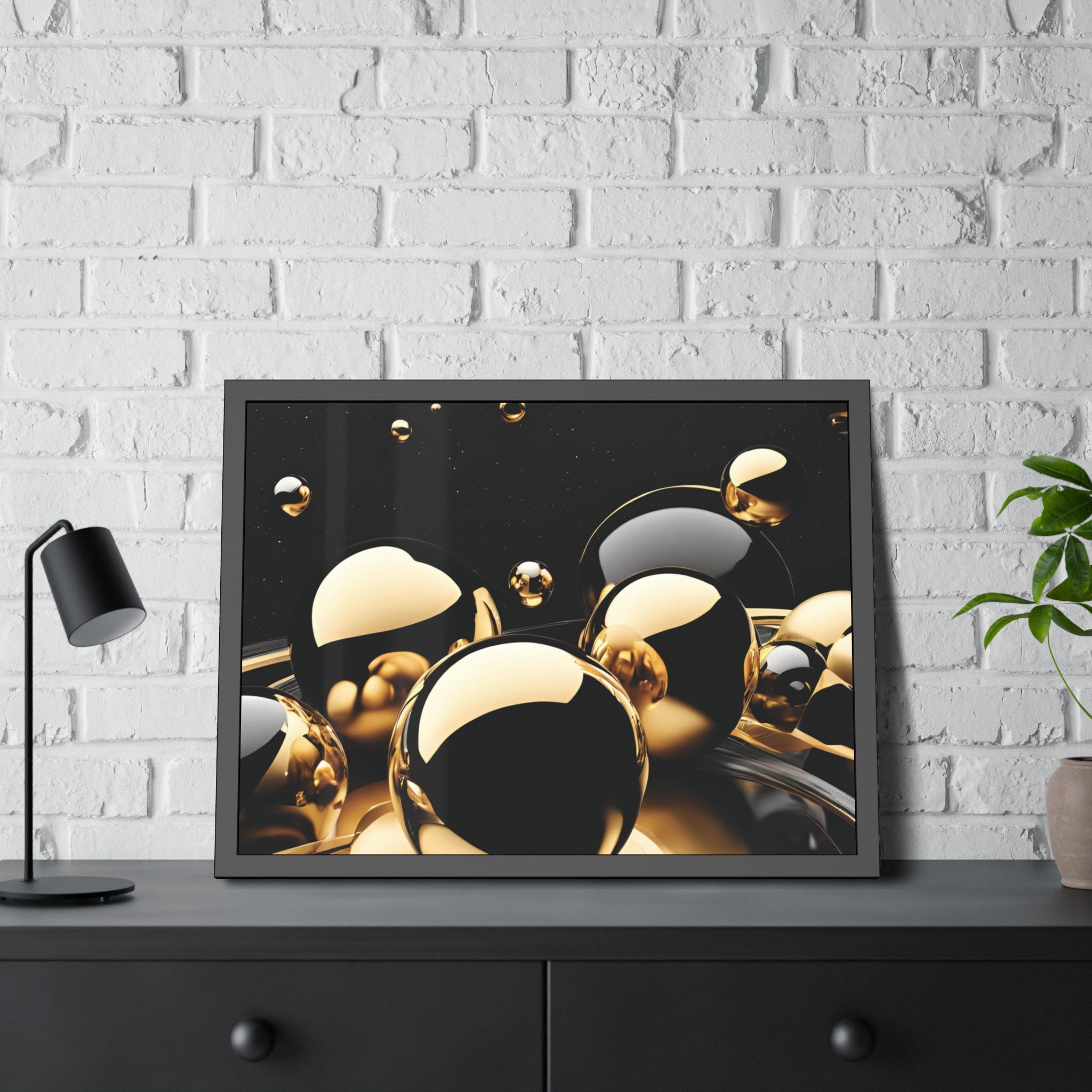 Gold Black Spheres Framed Poster | Abstract Metallic Wall Art