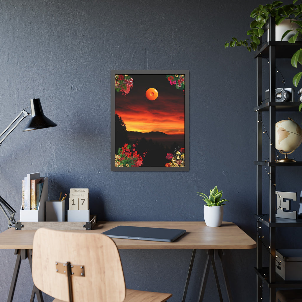 Sunset Mountain Landscape Poster | Framed Botanical Border