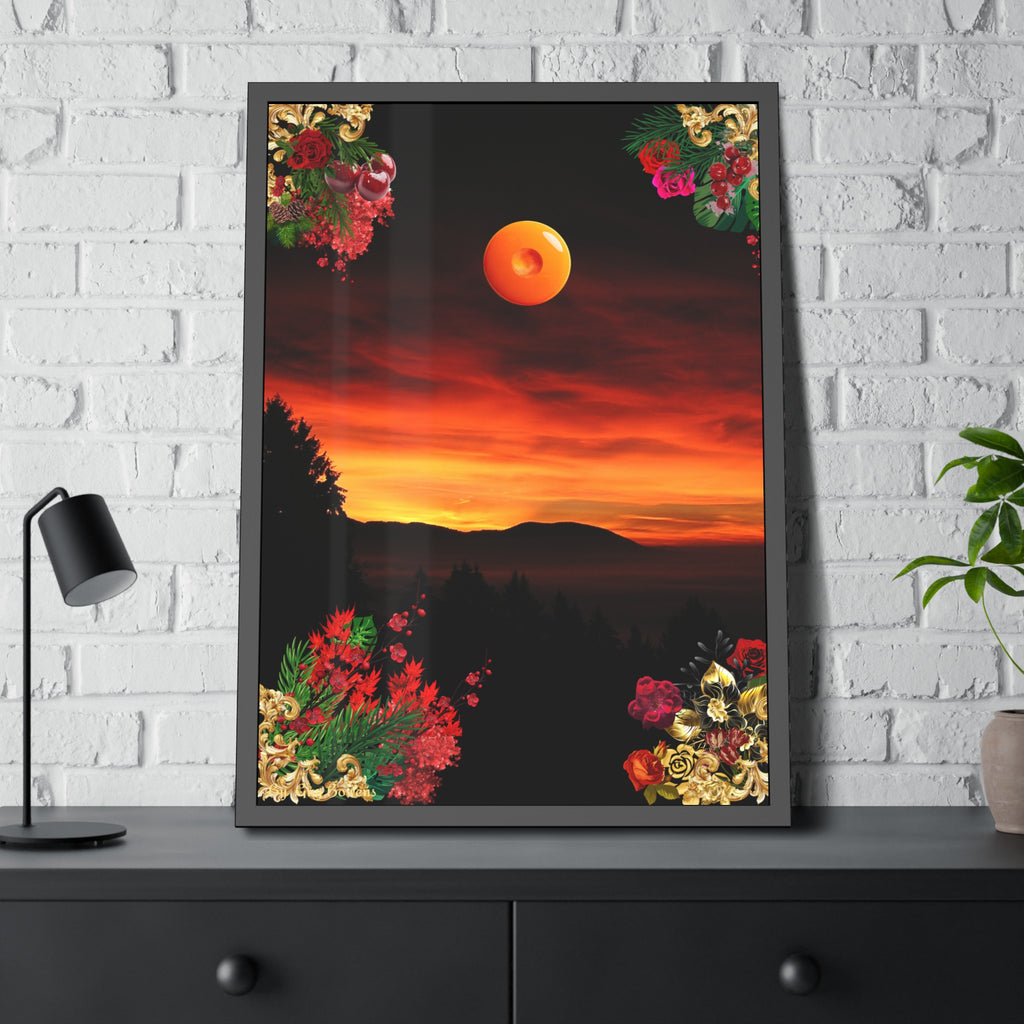 Sunset Mountain Landscape Poster | Framed Botanical Border